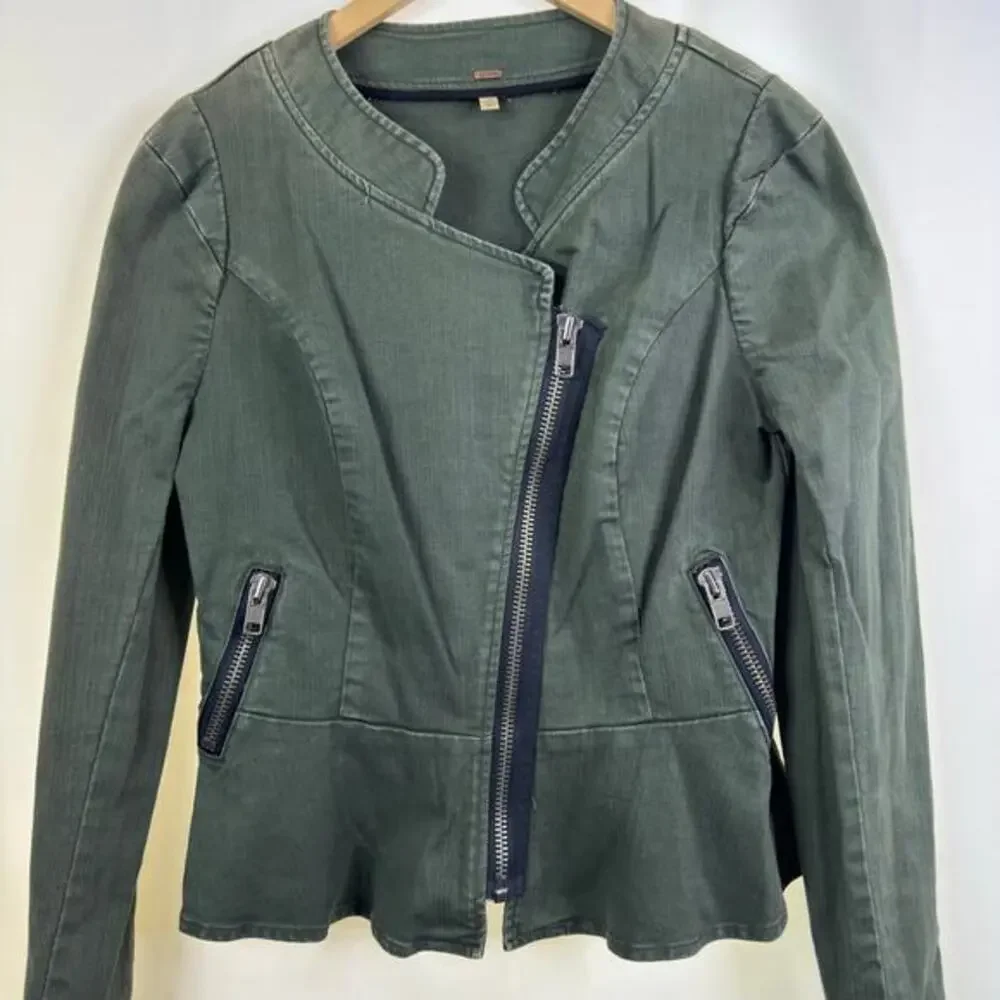 Free People Peplum Olive Denim Military Utility Jacket Size 12 - Picture 7 of 9